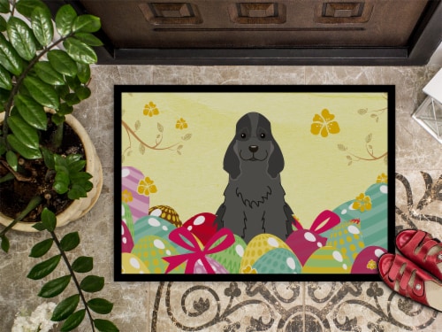 Carolines Treasures BB6092MAT Easter Eggs Cocker Spaniel Black Doormat 18x27 Perspective: top