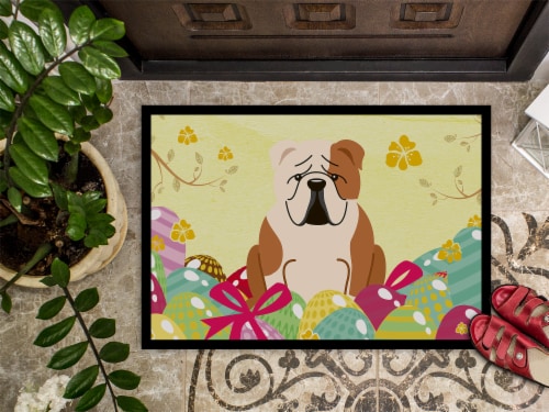 Easter Eggs English Bulldog Fawn White Indoor or Outdoor Mat 18x27 Perspective: top