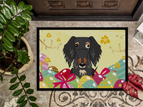 Easter Eggs Wire Haired Dachshund Dapple Indoor or Outdoor Mat 18x27 Perspective: top
