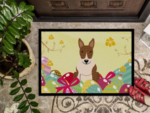 Carolines Treasures BB6137MAT Easter Eggs Bull Terrier Brindle Doormat 18x27 Perspective: top