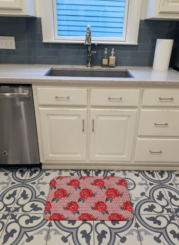 Watercolor Red Roses and Polkadots Machine Washable Memory Foam Mat Perspective: top
