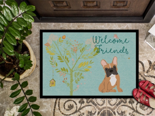 Carolines Treasures BB7633MAT Welcome Friends Fawn French Bulldog Doormat 18x27 Perspective: top