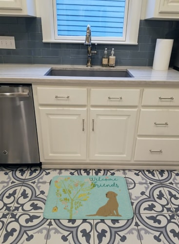 Welcome Friends Chocolate Labrador Retriever Machine Washable Memory Foam Mat Perspective: top