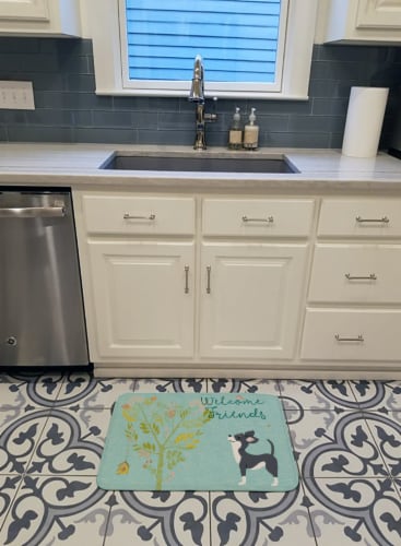 Welcome Friends Black White Chihuahua Machine Washable Memory Foam Mat Perspective: top