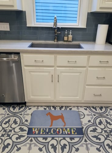 Irish Terrier Welcome Machine Washable Memory Foam Mat, Blue Perspective: top
