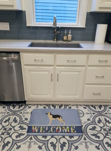 German Shepherd Welcome Machine Washable Memory Foam Mat, Blue Perspective: top