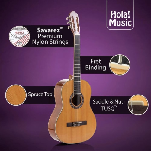 Hola! Music Pre Strung 39  Classical Guitar with Soft Nylon Strings, Natural Perspective: top