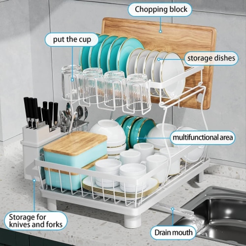 2-Tier Dish Drying Rack, Multifunctional Dish Rack for Kitchen Counter,  Rustproof Kitchen Dish Drying Rack,Space-Saving Dish Drying Rack with  Utensil