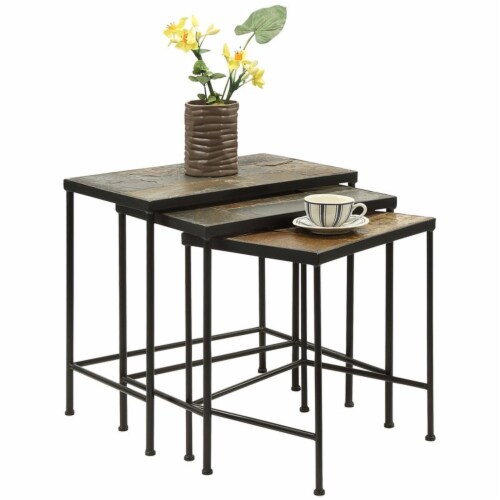 4D Concepts 3 Piece Rustic Slate Top Metal Nesting Table Set in Black