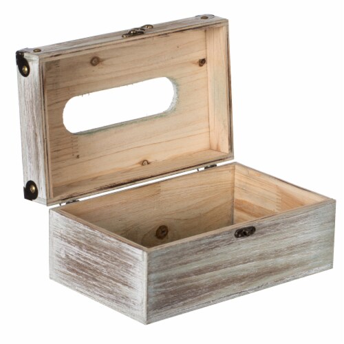Grey Wood Facial Tissue Box Holder for Your Bathroom, Office, or Vanity with Decorative Metal Perspective: top