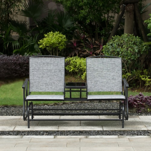 Two Person Outdoor Double Swing Glider Chair Set with Center Tempered Glass Table, Loveseat Perspective: top