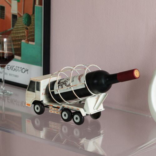 Decorative Rustic Metal White Single Bottle Cement Truck Wine Holder for Tabletop or Perspective: top
