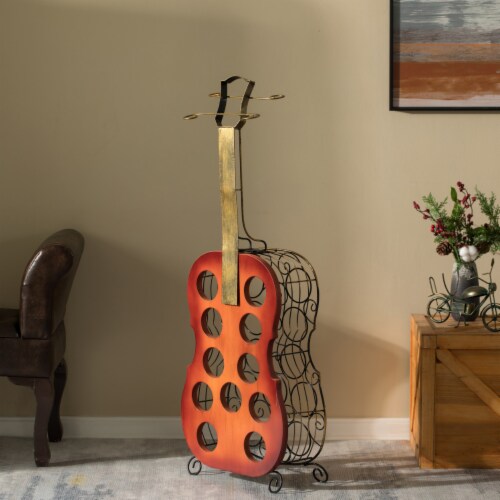 Decorative Rustic Gold Guitar Shaped 11 Bottle Wine Holder with 4