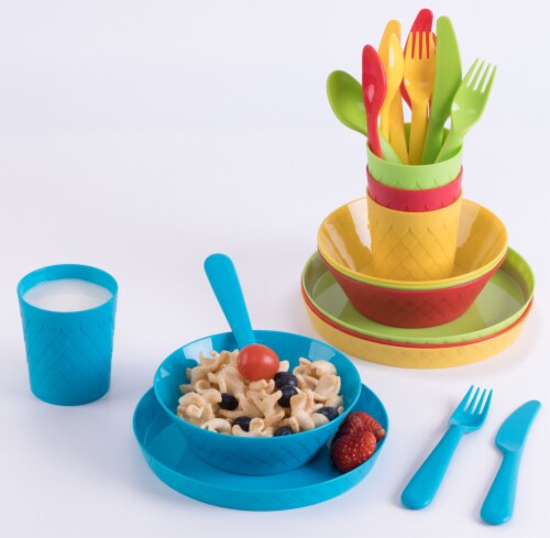 Basicwise QI003487 Kids Plastic Dinnerware Set, Multi Color - 24 Piece Perspective: top