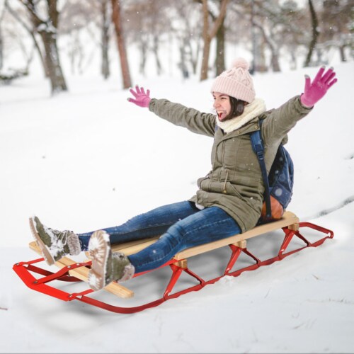 Costway 54''Kids Wooden Snow Sled Runners Steering Bar Steering Snow Slider Perspective: top