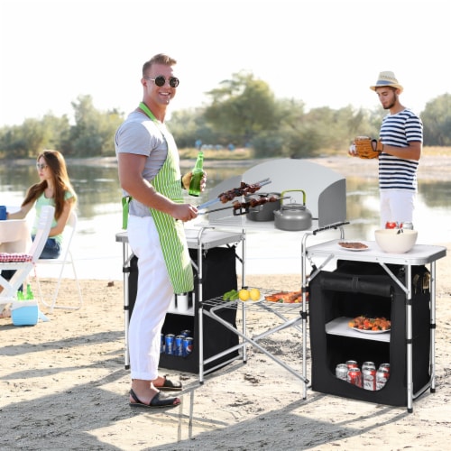 Goplus Folding Portable Aluminum Camping Grill Table w/ Storage Organizer Windscreen Perspective: top