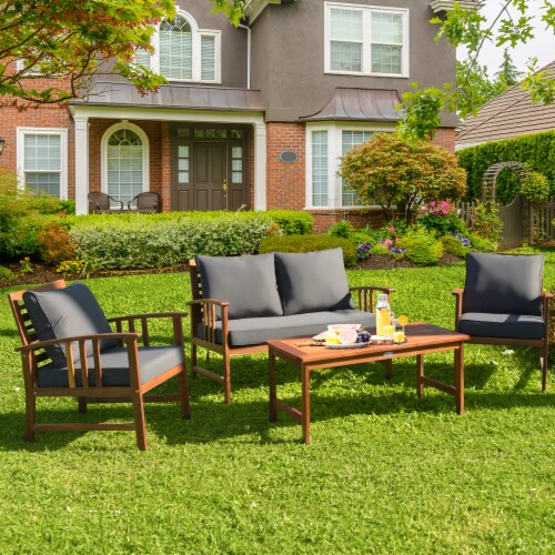 4PCS Wooden Patio Furniture Set Table Sofa Chair Cushioned Garden NEW 1 unit QFC