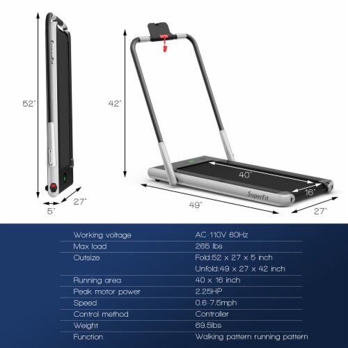 SuperFit 2.25HP 2 in 1 Dual Display Folding Treadmill Jogging Machine W/APP  Control Silver