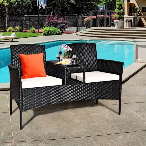 Patio Rattan Conversation Set Seat Sofa Cushioned Loveseat Glass Table
