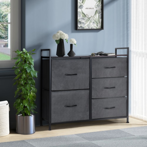 Costway 5 Drawers Dresser Storage Unit Side Table Display Organizer Dorm Room Wood Dark Gray Perspective: top