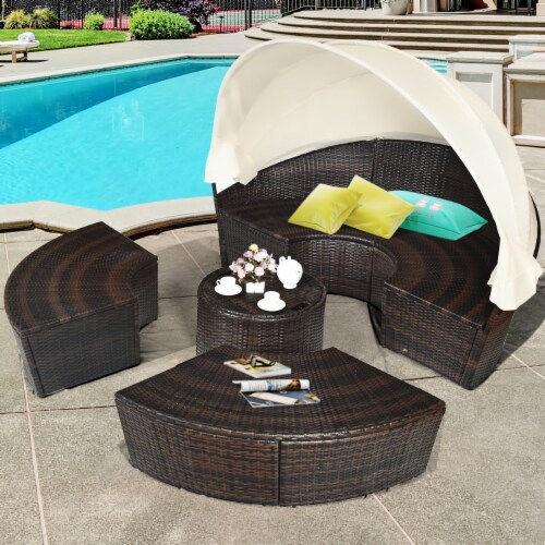 Patio Rattan Daybed Cushioned Sofa Adjustable Table Top Canopy 3