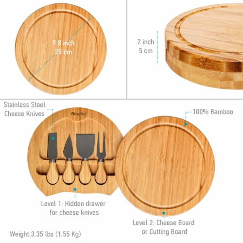Bamboo Cheese Board and Knife Set - 10 Inch Swiveling Charcuterie Board with Slide-Out Drawer Perspective: top