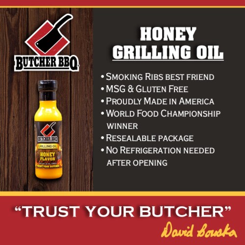 Butcher BBQ Honey Flavor Grilling Oil 12 Oz Bottle Competition Rated MSG Free Perspective: top