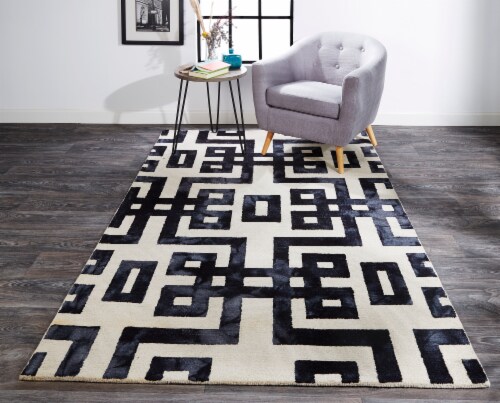 Feizy Lorrain Tufted Greek Key Wool Area Rug - Noir Black Perspective: top