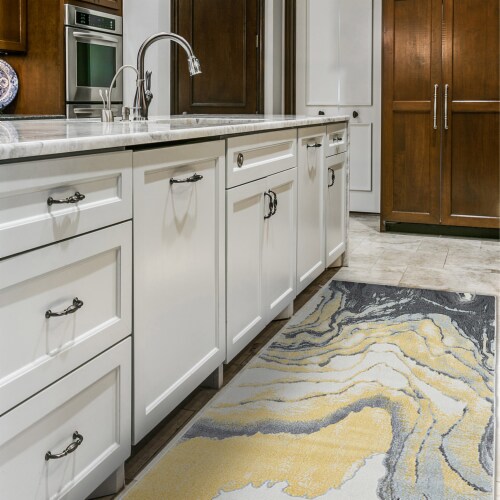 Feizy Rugs Bleecker Watercolor Effect Area Rug - Gragoyle Gray/Pale Yellow Perspective: top