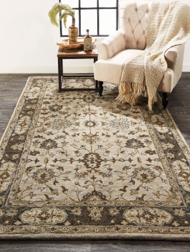 Feizy Rugs Eaton Traditional Persian Wool Area Rug - Gray/Beige Perspective: top