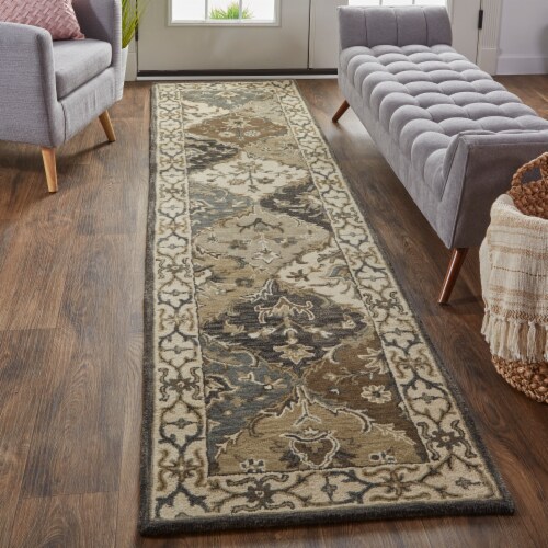 Feizy Eaton Diamond Floral Persian Wool Runner - Navy/Gray/Beige Perspective: top