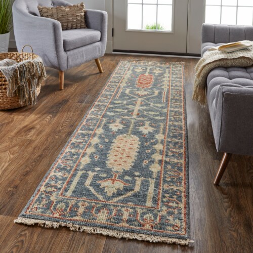 Feizy Carrington Traditional Oushak Runner Rug - Flora/Fauna/Blue/Rust Perspective: top
