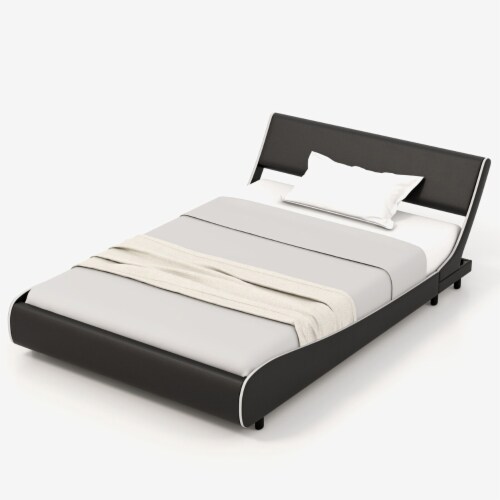 Full Upholstered Platform Bed Frame Low Profile Faux Leather w/ Curved