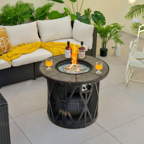 Gymax 32 Patio Round Fire Pit Table 30,000 BTU Propane Gas w/ Fire Glasses Perspective: top