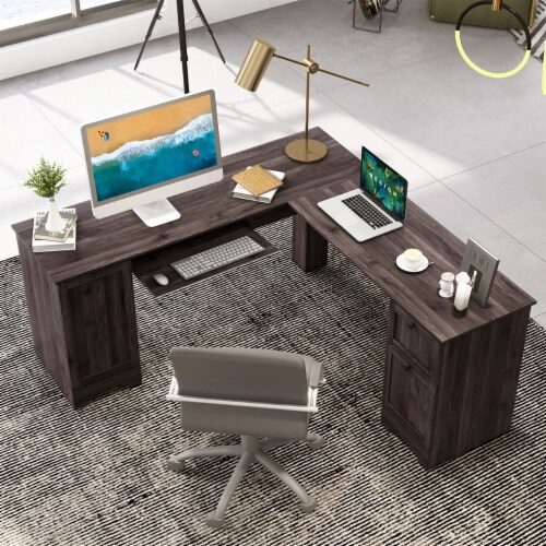 66.5'' L Shaped Home Office Desk Corner Computer Desk Keyboard Tray Dark Brown Perspective: top