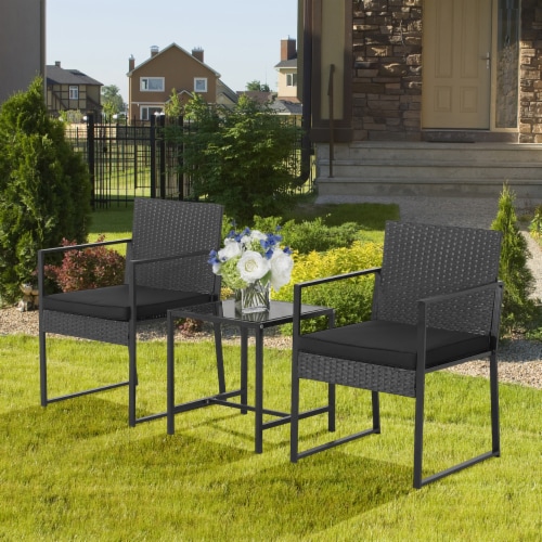 3PCS Patio Rattan PE Wicker Bistro Set Outdoor Furniture Set w/ Table & Cushion Perspective: top
