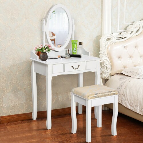 Costway Vanity Jewelry Wooden Makeup Dressing Table Set W/stool