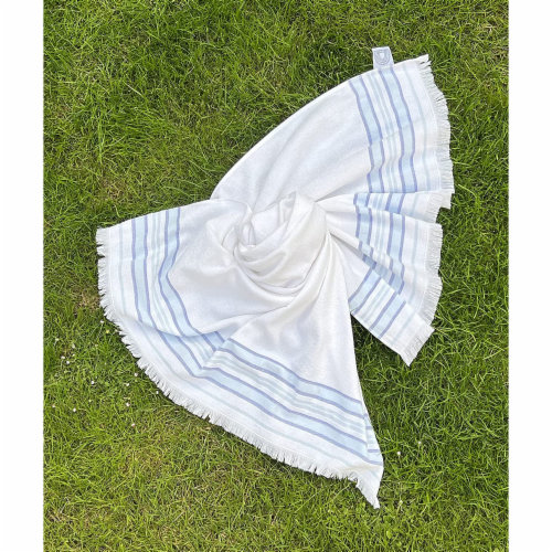 Agora of Smyrna - Premium Turkish Bath Towel Cotton & Bamboo Blend, White & Blue - Single Perspective: top