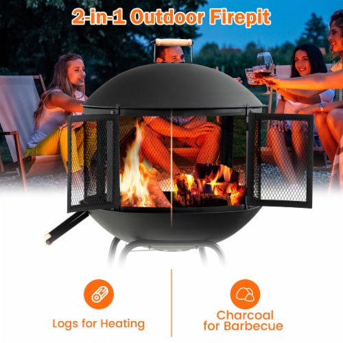 Slickblue 28 Inch Portable Fire Pit on Wheels with Log Grate-Black Perspective: top