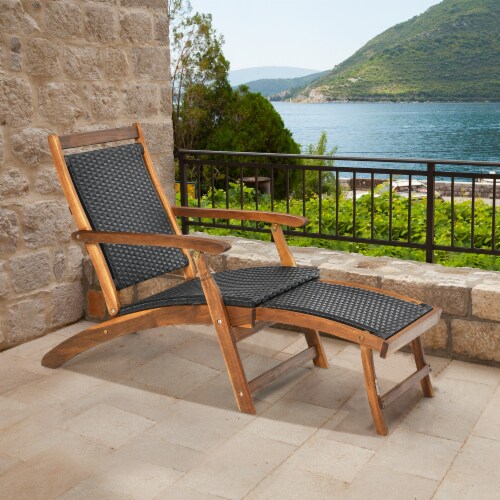 Slickblue Patio Rattan Folding Lounge Chair with Acacia Wooden Frame Retractable Footrest 2 Unit Fred Meyer