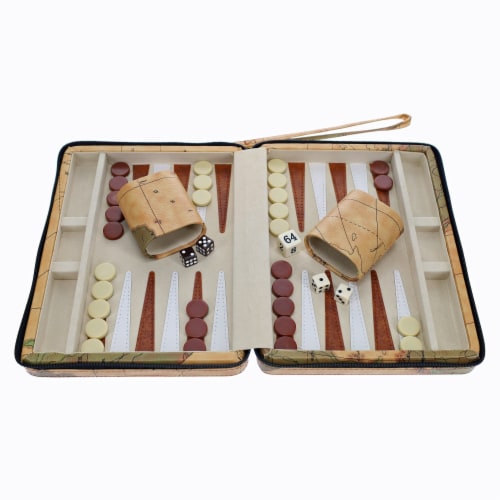 WE Games Tan Map Design Magnetic Backgammon Set, Leatherette, Travel Size Perspective: top
