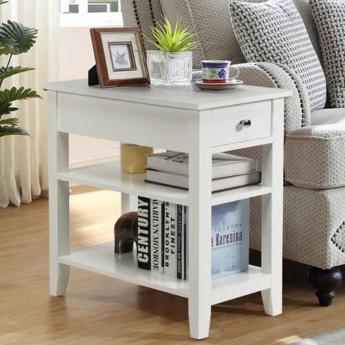 A Pair of End Tables- narrow wood tables with shelf