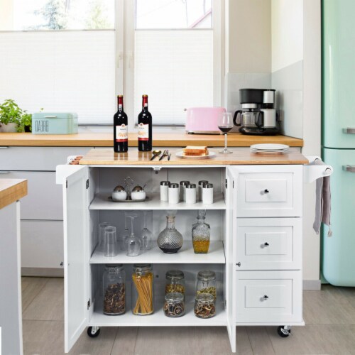 Gymax Drop-Leaf Kitchen Island Trolley Cart Wood Storage Cabinet w/ Spice Rack Black Perspective: top