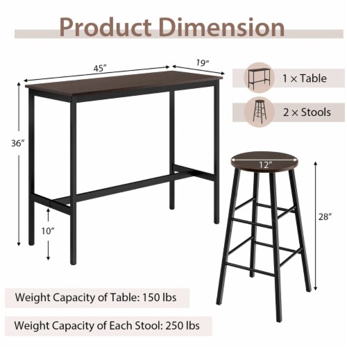 3-Piece Bar Table Set Pub Kitchen Dining Table w/ 2 Round Stools Black & Brown Perspective: top