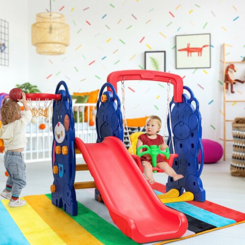 Gymax 3 in 1 Toddler Climber and Swing Set Kid Climber Slide Playset w/Basketball Hoop Perspective: top