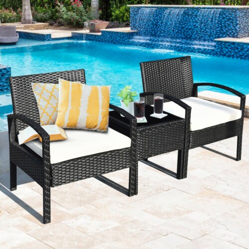 3PCS Patio Rattan Furniture Set Conversation Sofa Cushioned Coffee Table Garden Perspective: top