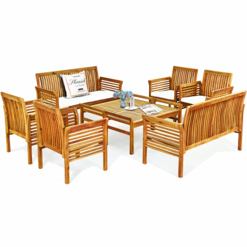 8PCS Wooden Patio Conversation Set Outdoor Furniture Set w/ Cushion Perspective: top