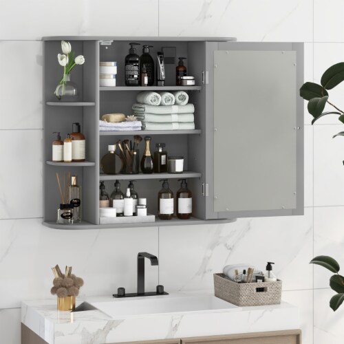 Wall Mounted Medicine Storage Cabinet Bathroom Organizer Cupboard W/Mirror Gray Perspective: top