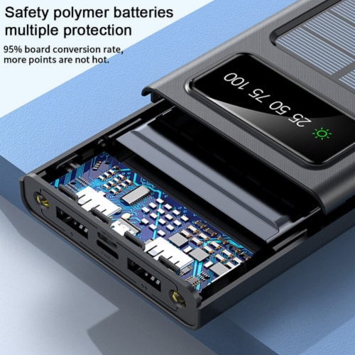 Solar Power Bank 20000Mah Built In 4 Cables Portable Charger W Dual LED Flash Perspective: top