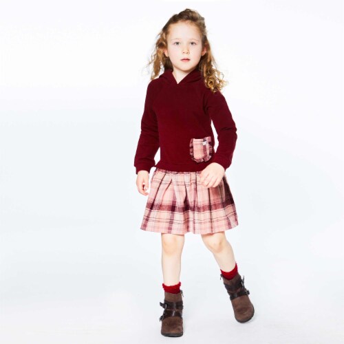 Hooded Long Sleeve Dress Burgundy And Pink Plaid Perspective: top